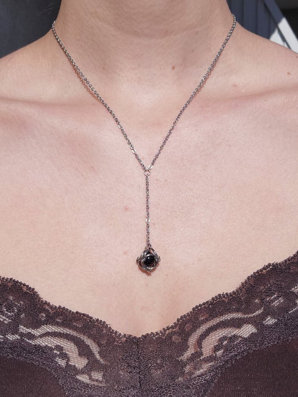 Vintage goth black obsidian and silver rosary necklace